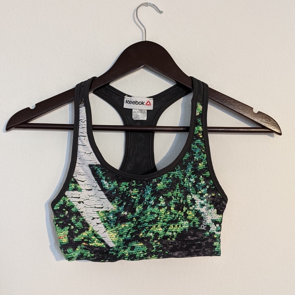 Green Sequin Patterned Reebok Sports Bra